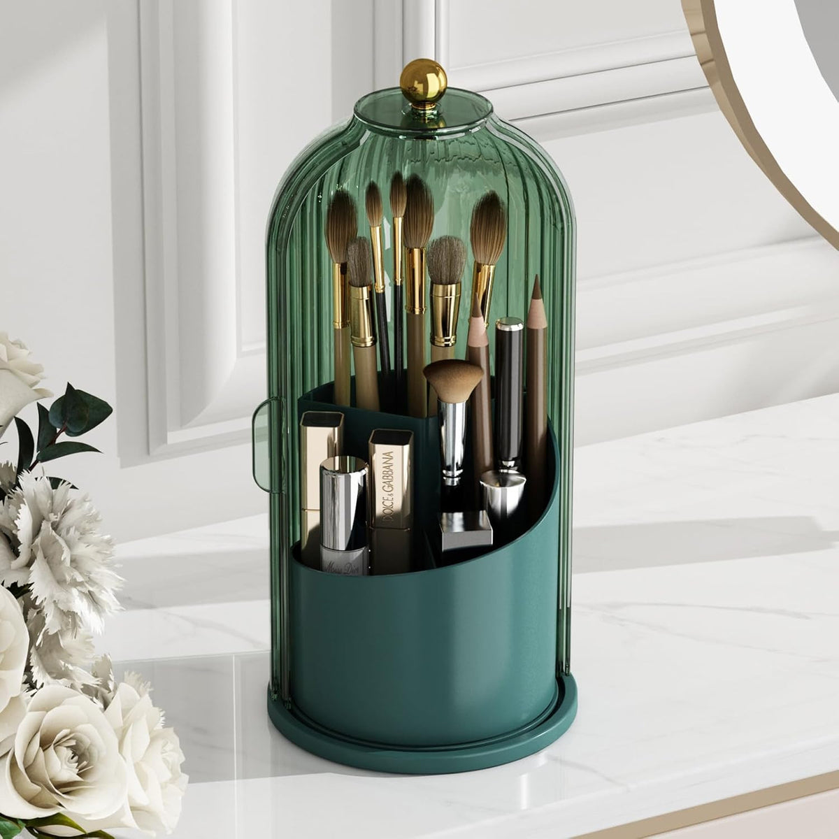 Rotating Makeup Brush Organizer with Lid - Green, 360° Waterproof Dustproof