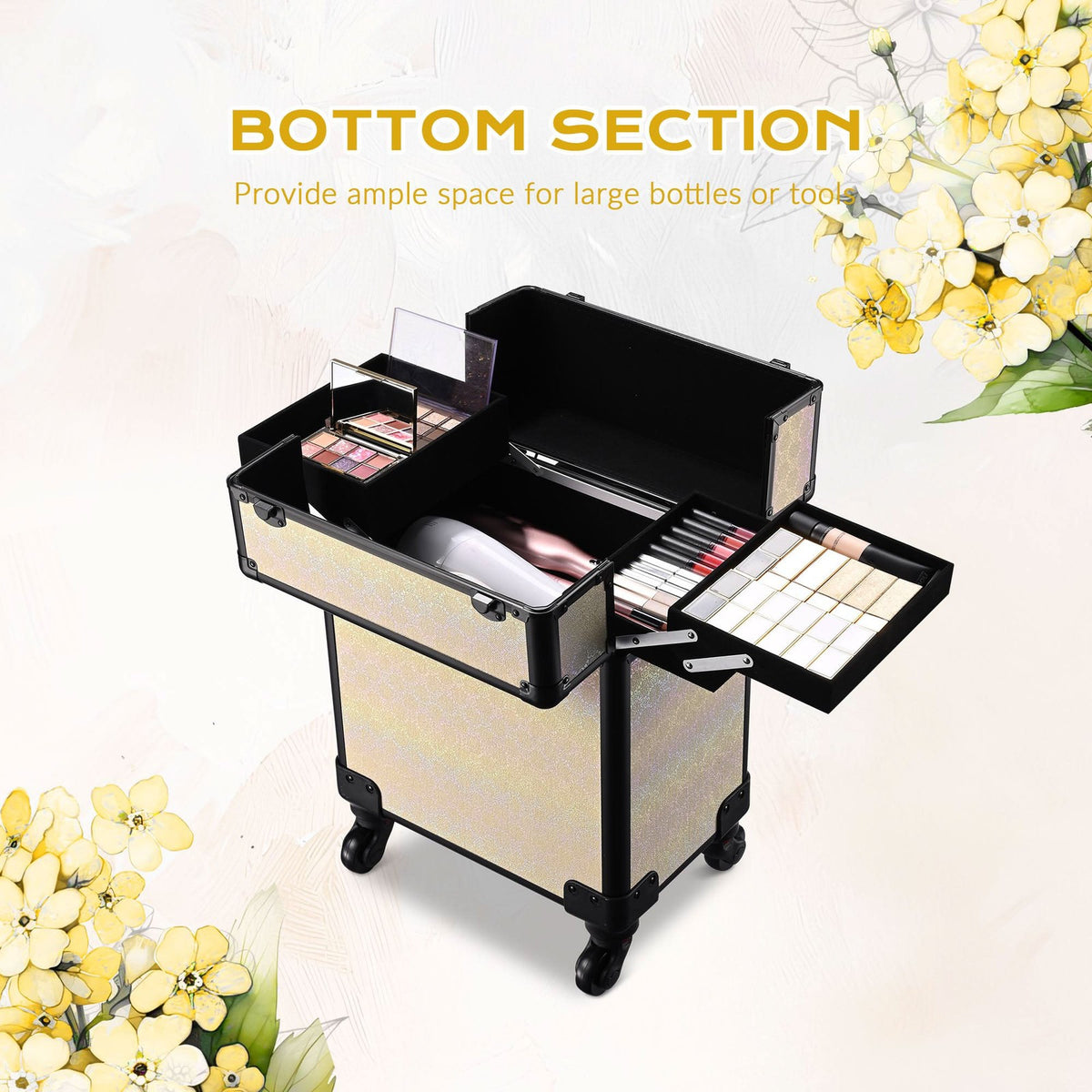 Rolling Makeup Train Case with Extendable Trays and Large Storage - Vintage Tan Organizer