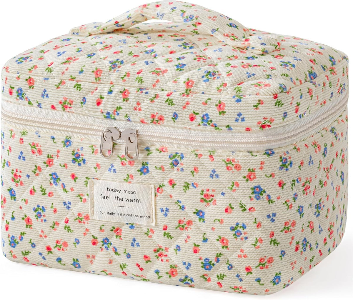 Large Quilted Travel Makeup Bag with Handle - Cotton Cosmetic Organizer