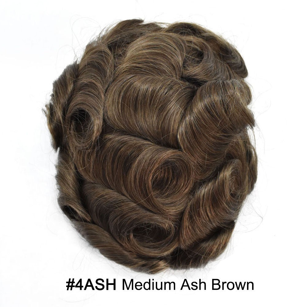 French Lace Front Human Hair Toupee Replacement System with Poly Skin Base