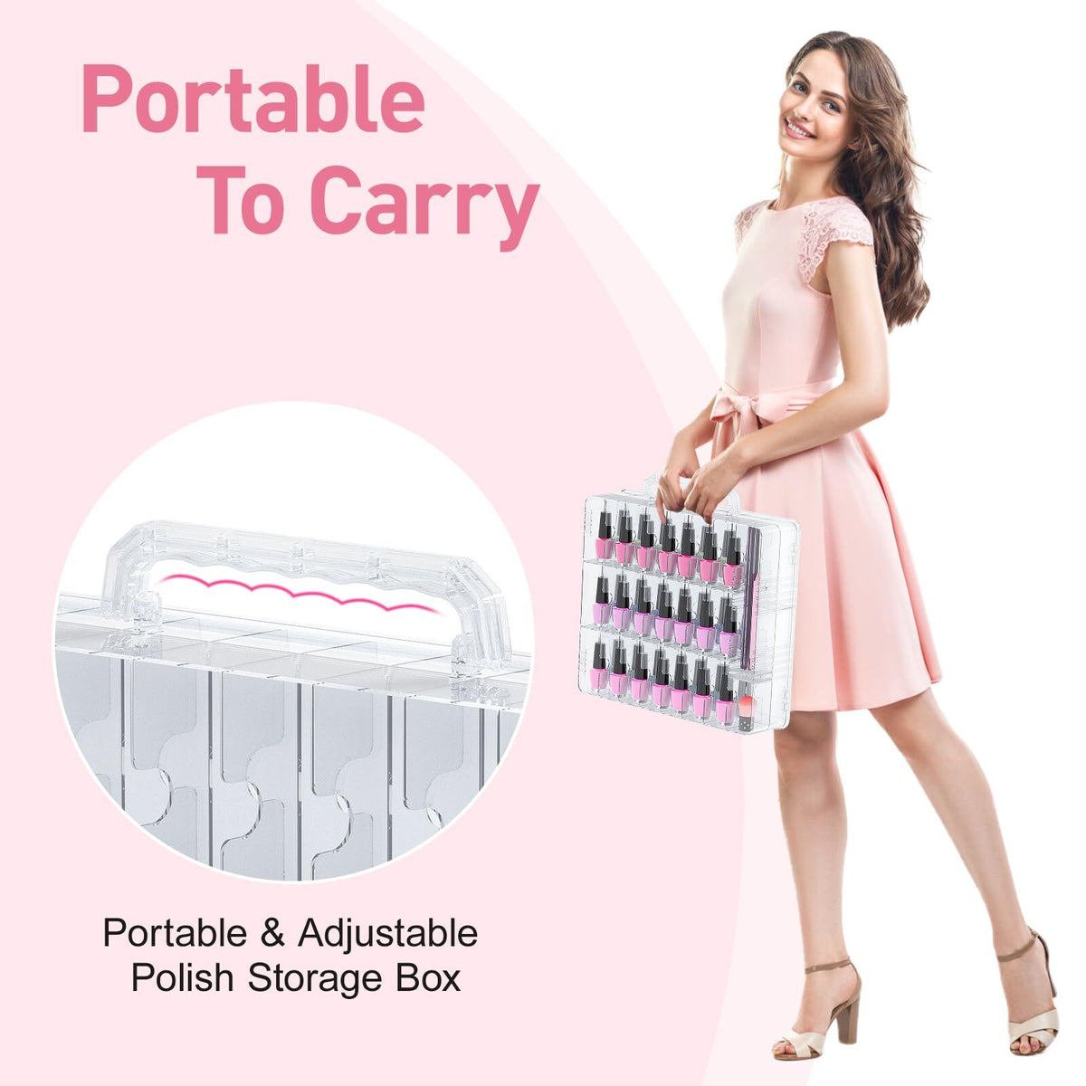 Double Sided Nail Polish Organizer Case for 48 Bottles, Transparent Storage Box