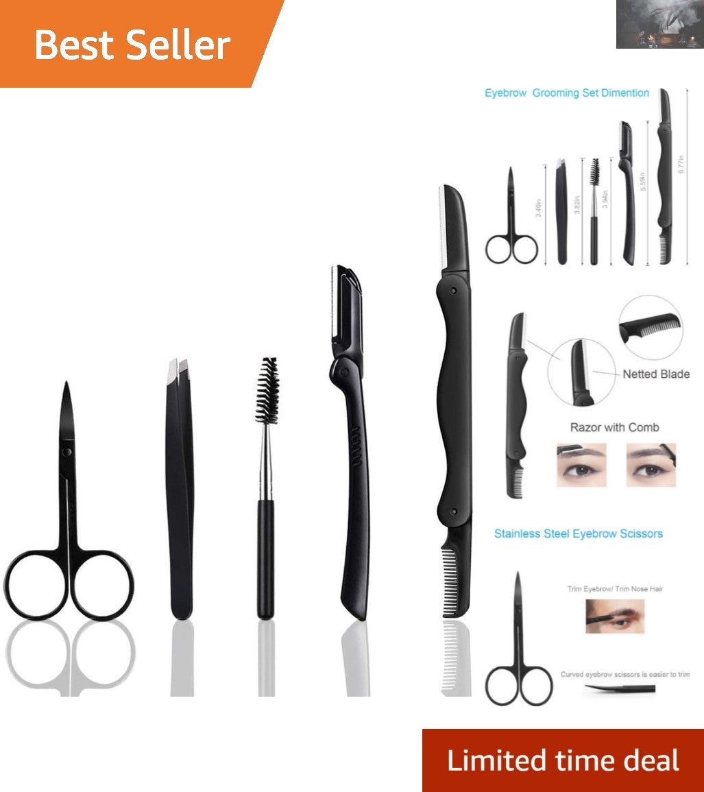 5-in-1 Eyebrow Grooming Kit - Stainless Steel Tweezers, Scissors, Razor