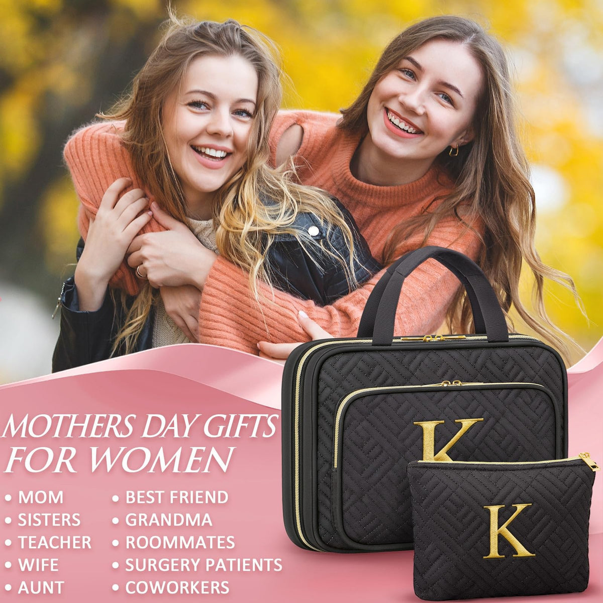 Personalized Hanging Makeup Bag with Initials Travel Toiletry Organizer