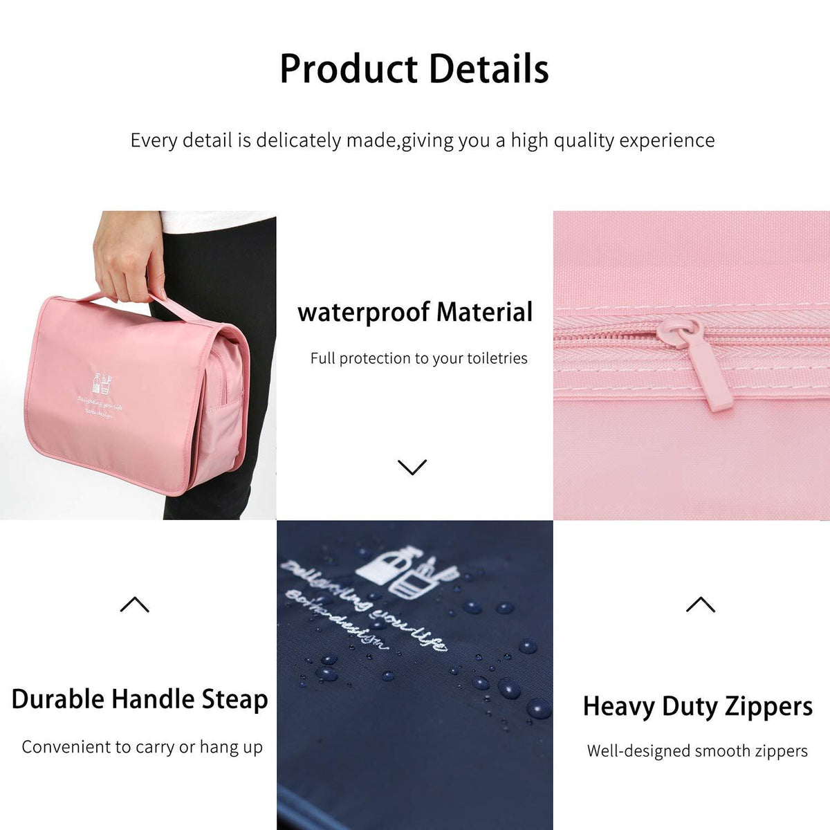 Hanging Toiletry Bag Waterproof Travel Cosmetic Organizer in Pink