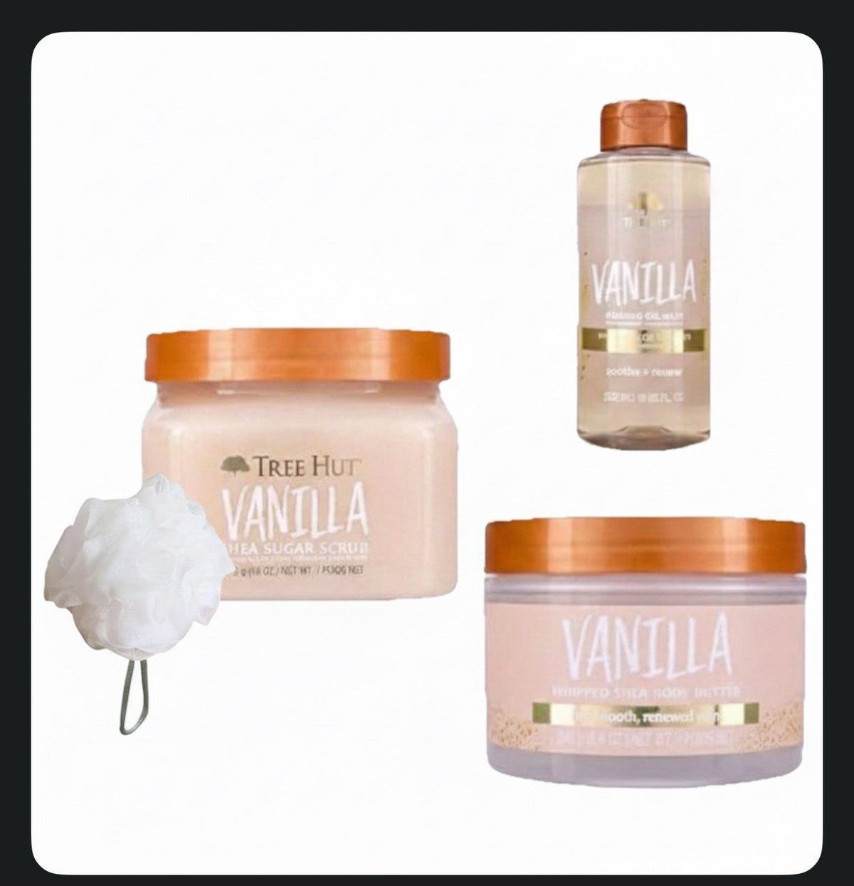 Tree Hut Vanilla Gift Set, Shea Sugar Scrub, Foam Body Wash, Butter,