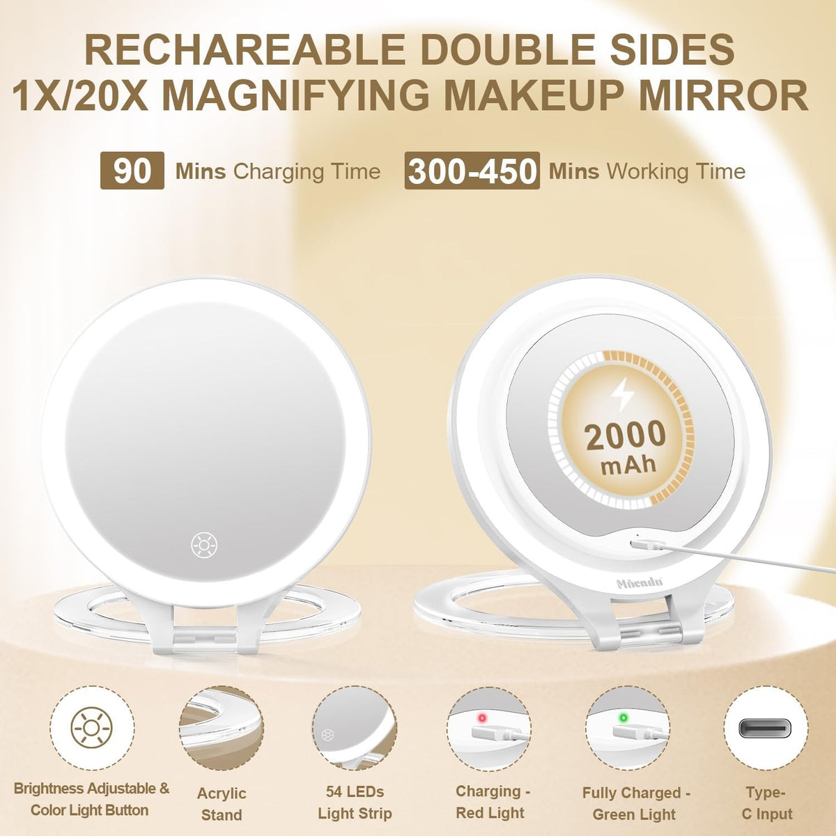 Magnifying Makeup Mirror with Light 1X/20X Double Sided Portable
