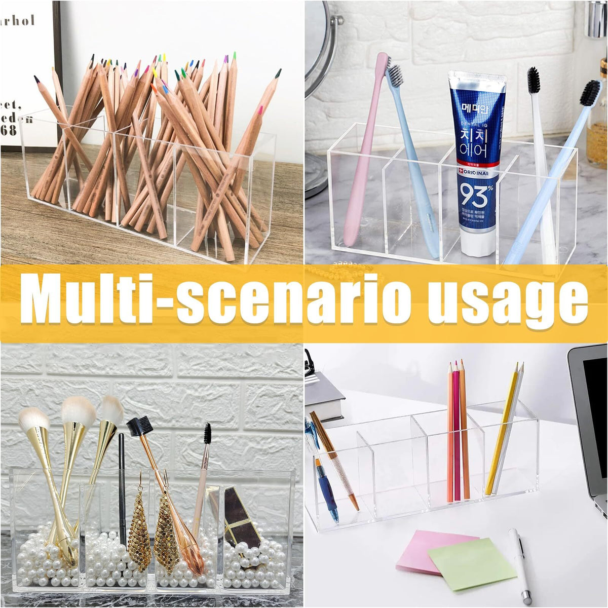 4-Compartment Acrylic Desk Organizer for Pens, Makeup Brushes & Stationery