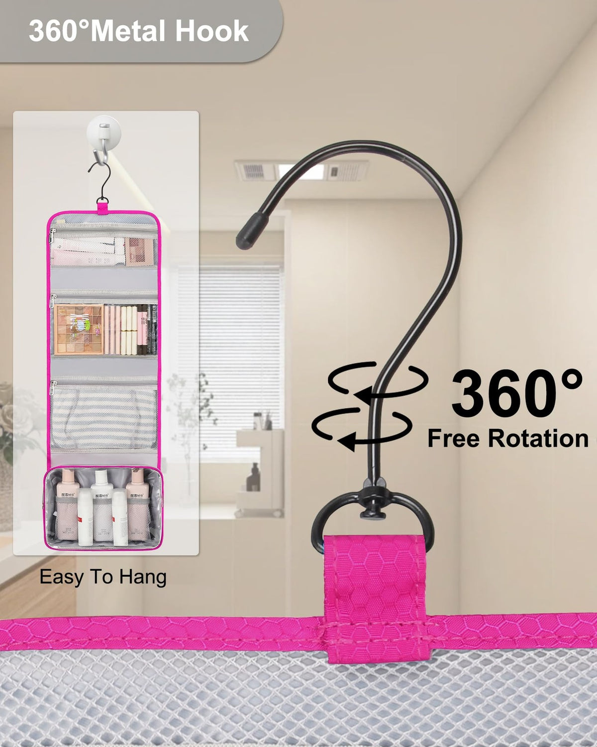 Waterproof Hanging Travel Toiletry Bag with Multiple Compartments - Hot Pink
