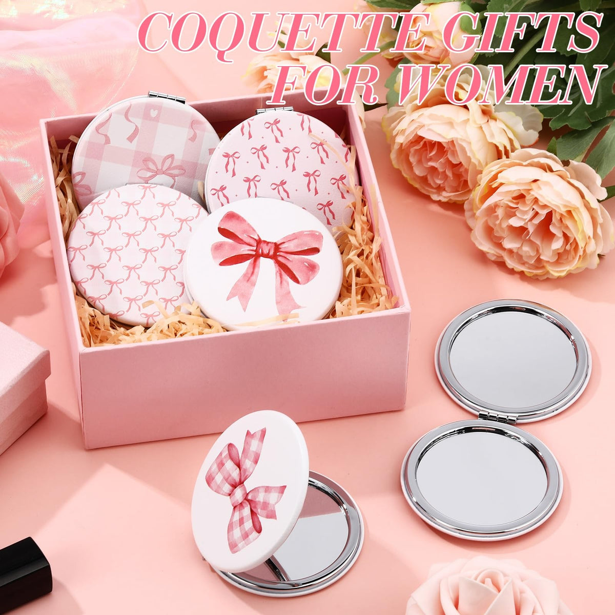 6 Pack Pink Bow Compact Mirrors - Double Sided Makeup & Travel Mirrors