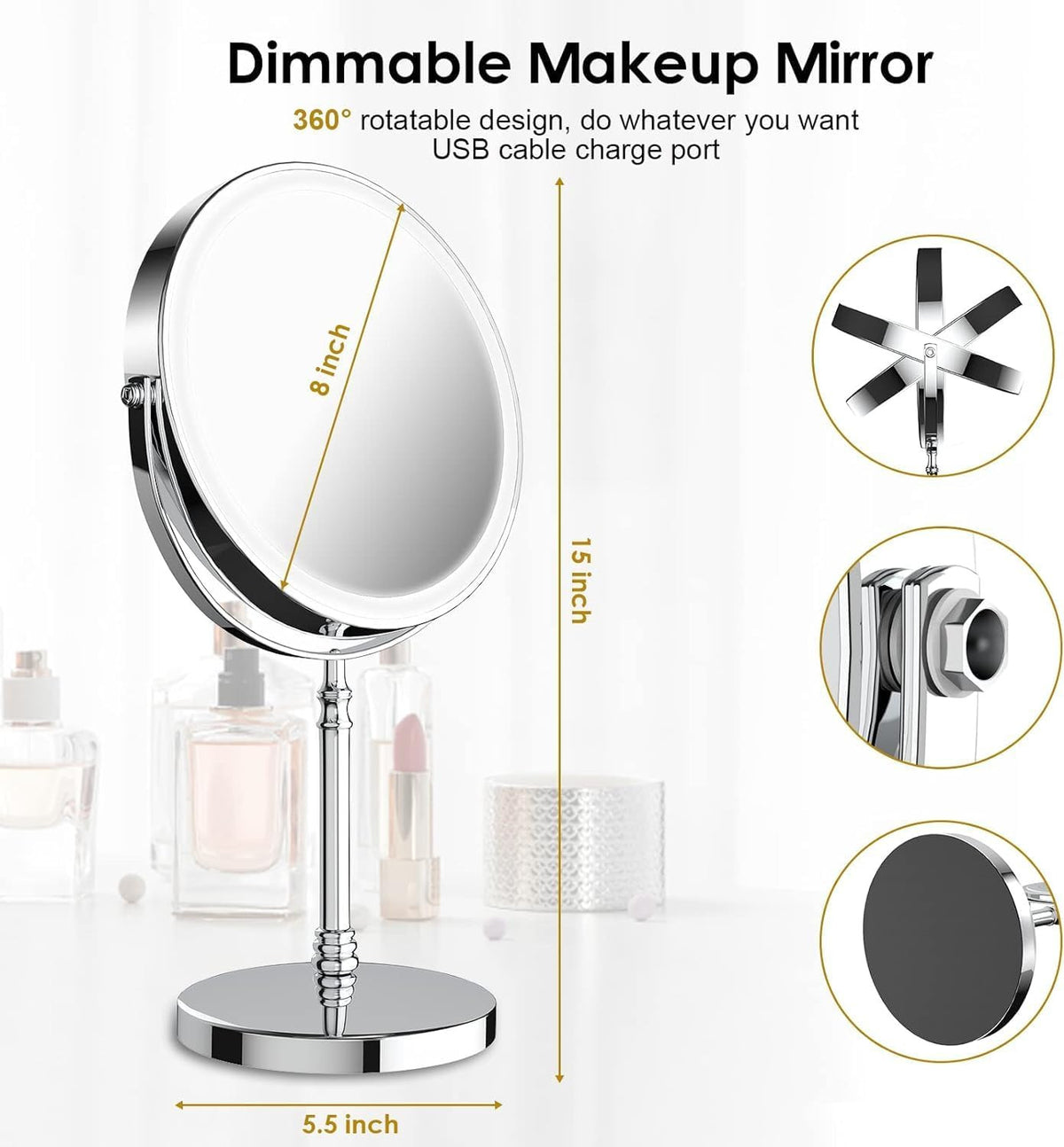 Rechargeable Double-Sided LED Makeup Mirror with 10X Magnification and 3 Color Lights