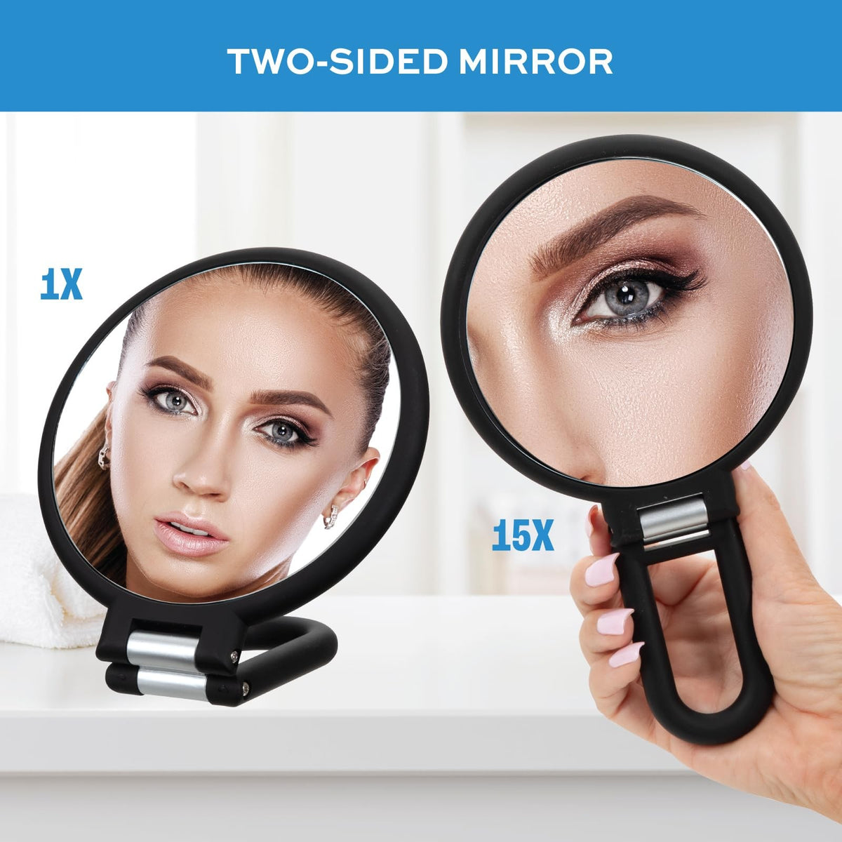 Magnifying Handheld Mirror 1X/15X with Folding Travel Design