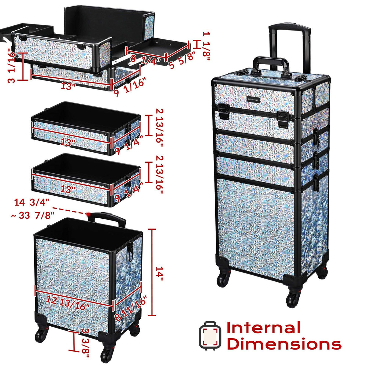 Rolling Makeup Train Case with 4-in-1 Adjustable Compartments and Silver Gradient Design