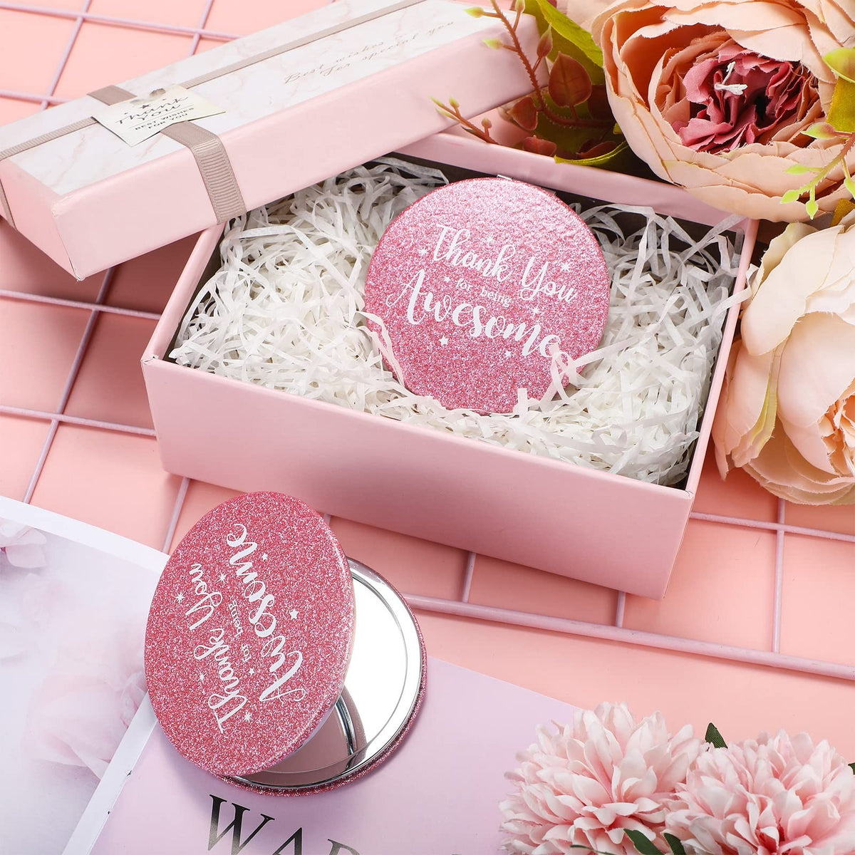 12-Pack Pink Double-Sided Compact Mirrors for Women and Gifts
