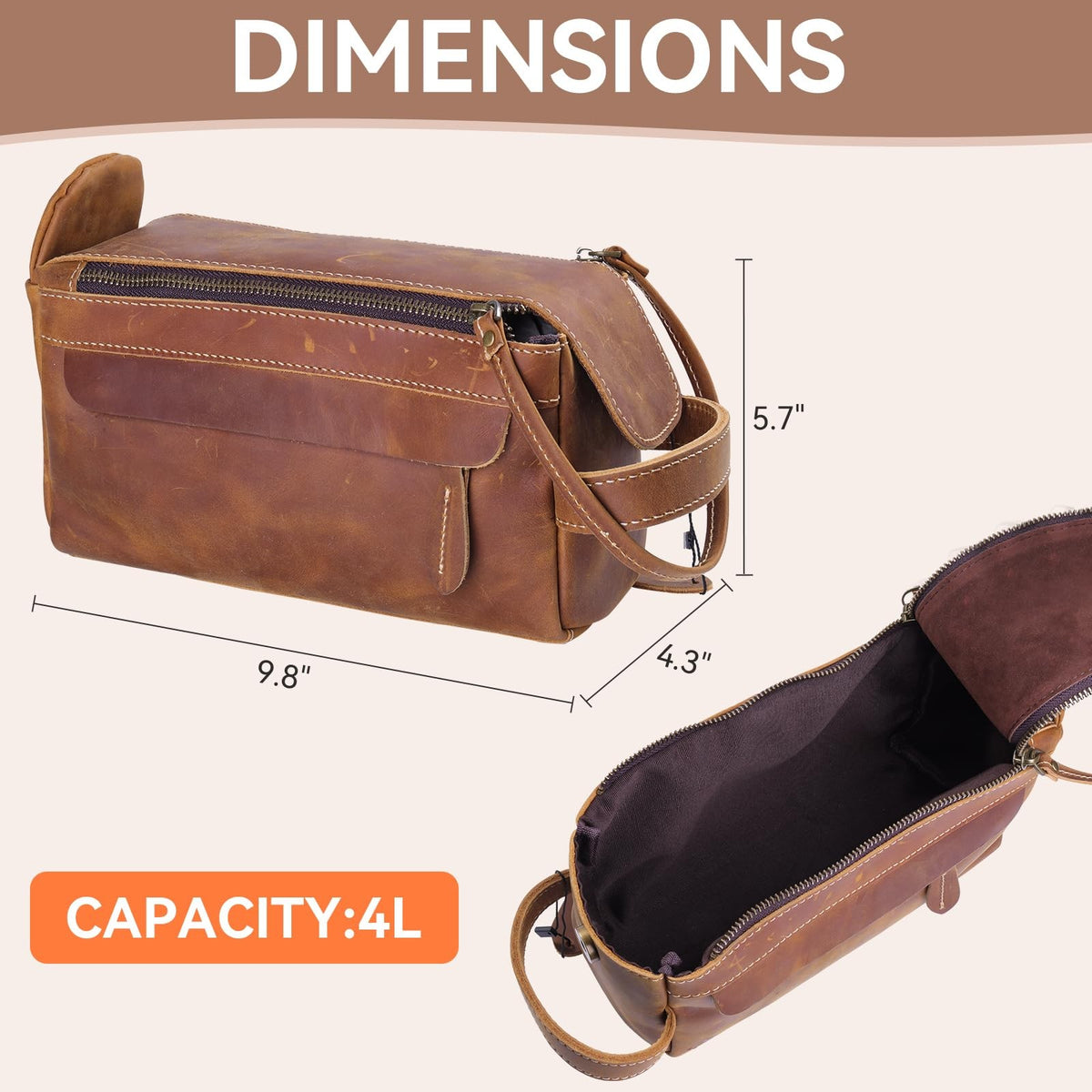 Full Grain Leather Travel Toiletry Bag - Water-Resistant Organizer for Men & Women