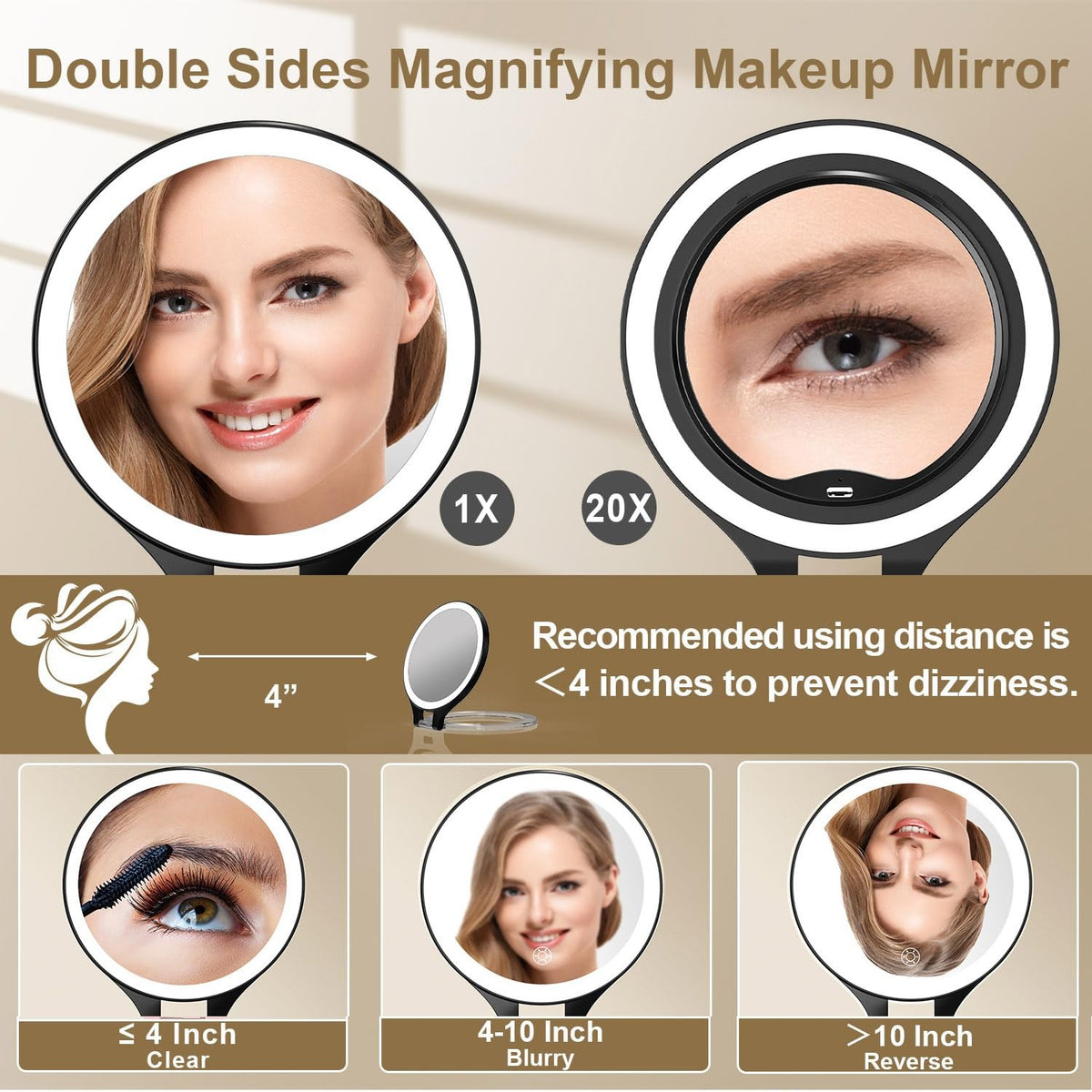 Travel Lighted Makeup Mirror 1X/20X Magnification Dimmable LED Black