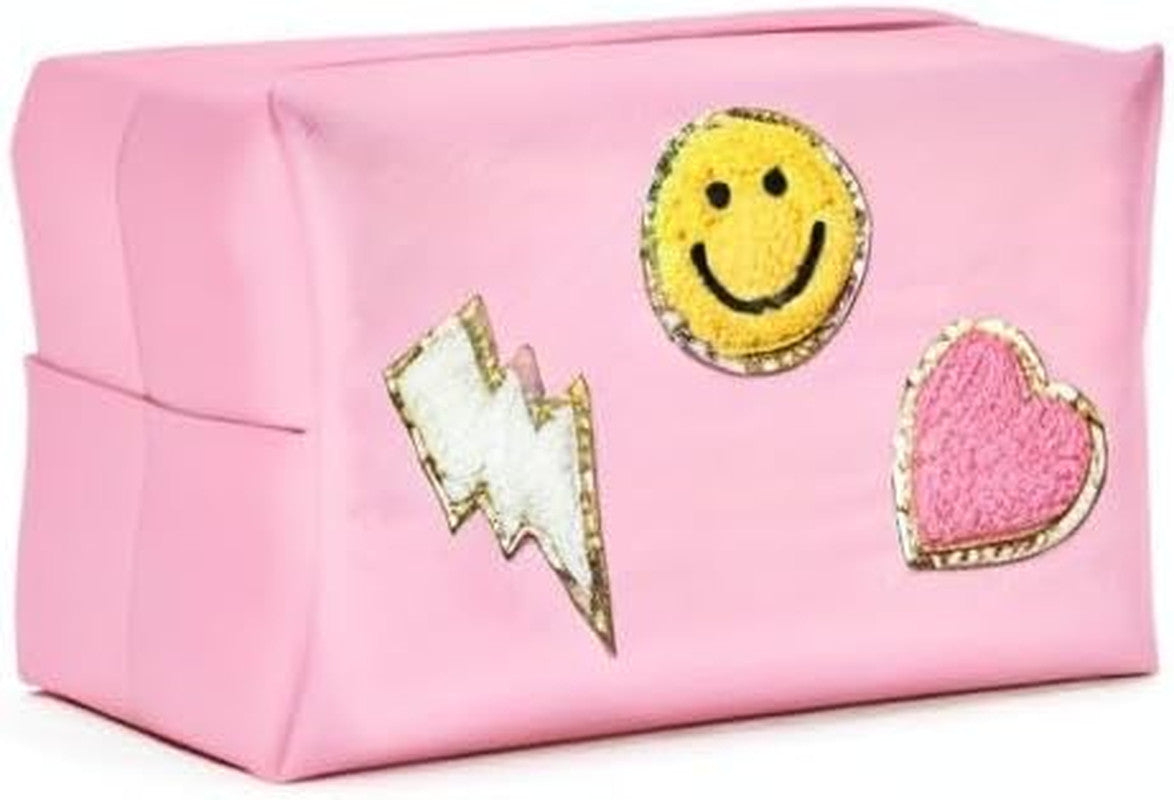 Preppy Patch Waterproof Makeup Bag - PU Leather Portable Toiletry Organizer