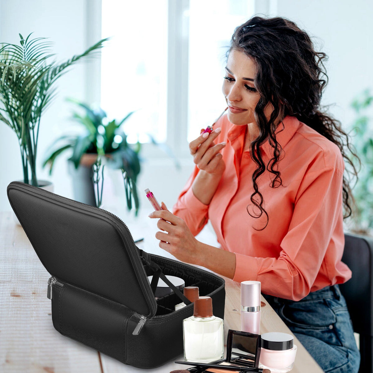 Travel Makeup Bag with LED Mirror and Adjustable Compartments Organizer