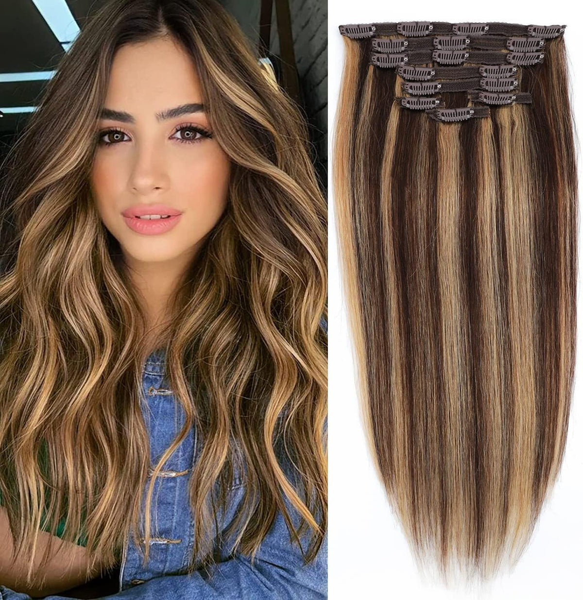 Remy Human Hair Extensions Clip-In Set – Medium Brown Mix Dark Blonde 26 Inch, 8 Pieces, Shedding-Free, Natural Look