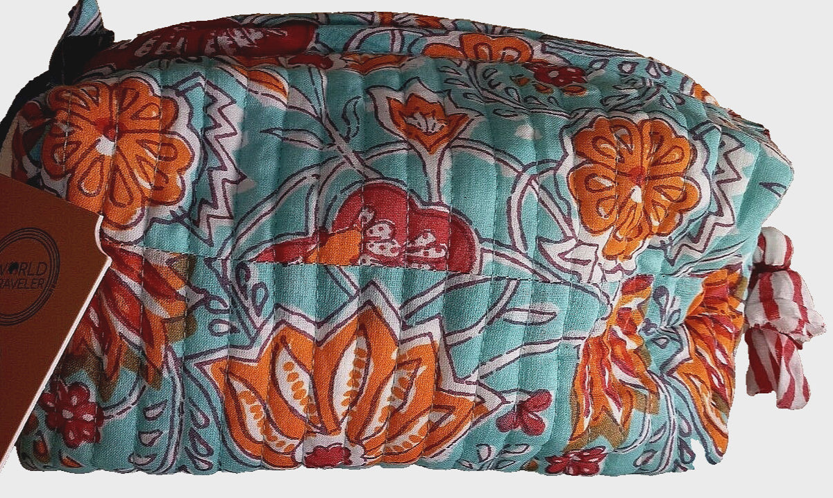 Cotton Makeup Bag with Floral Pattern - Multicolor Cosmetic Pouch