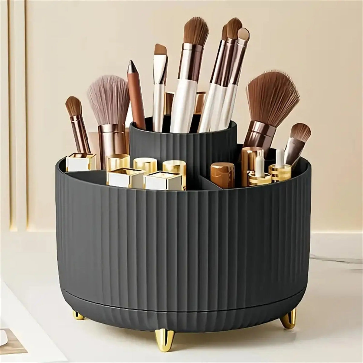 Rotating Makeup Organizer with Brush Holder and Perfume Tray - Elegant Storage Solution
