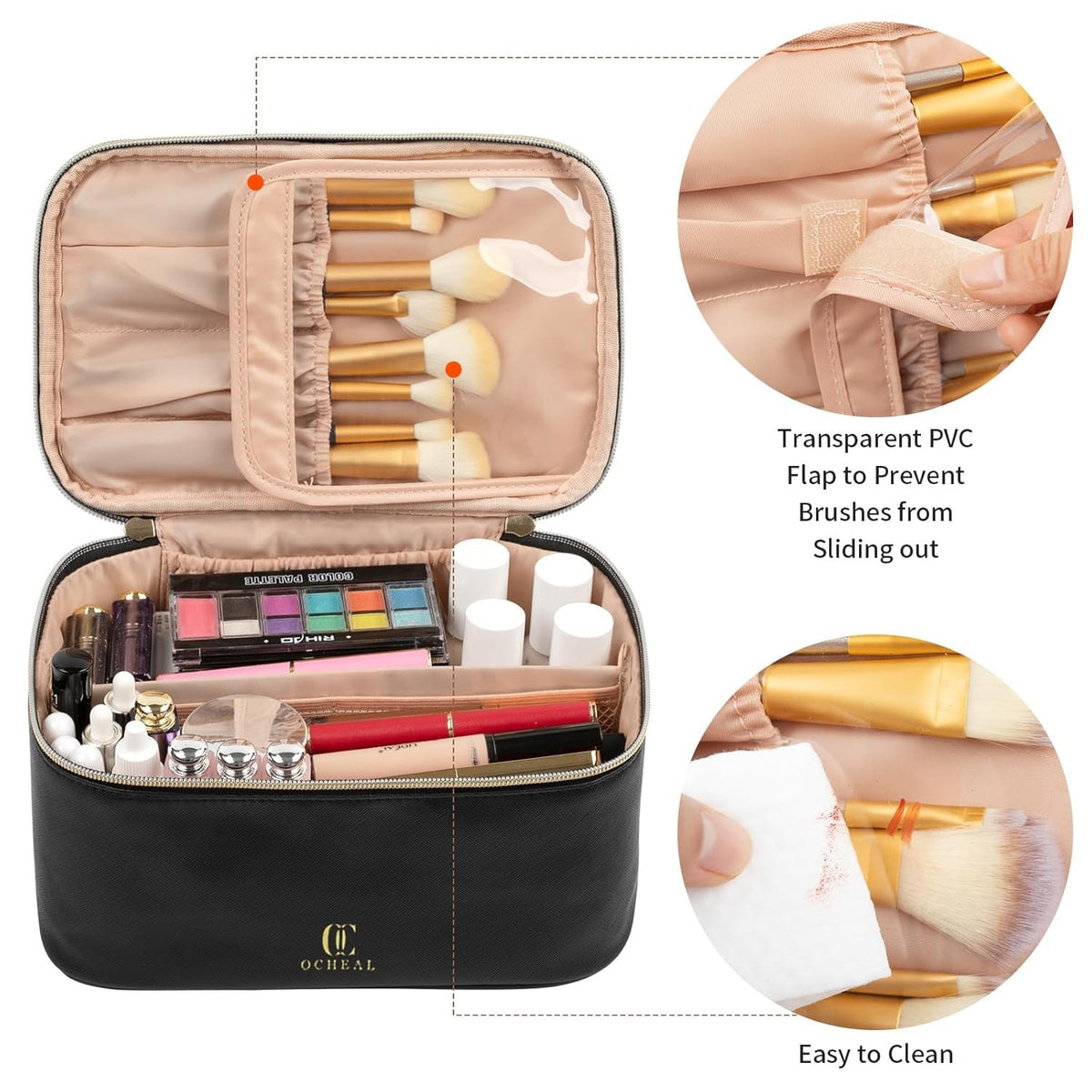 Large Capacity Travel Makeup Bag Organizer with Divider and Handle - Waterproof Vegan Leather