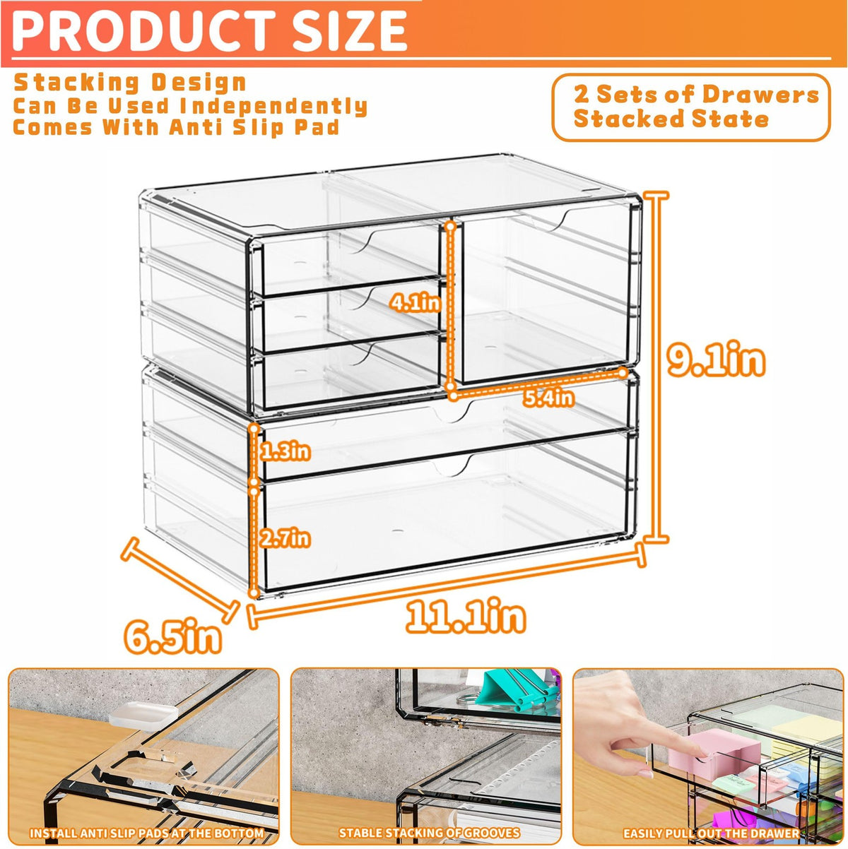 Large Clear Acrylic Drawer Organizer 6-Drawer Stackable Storage Bins