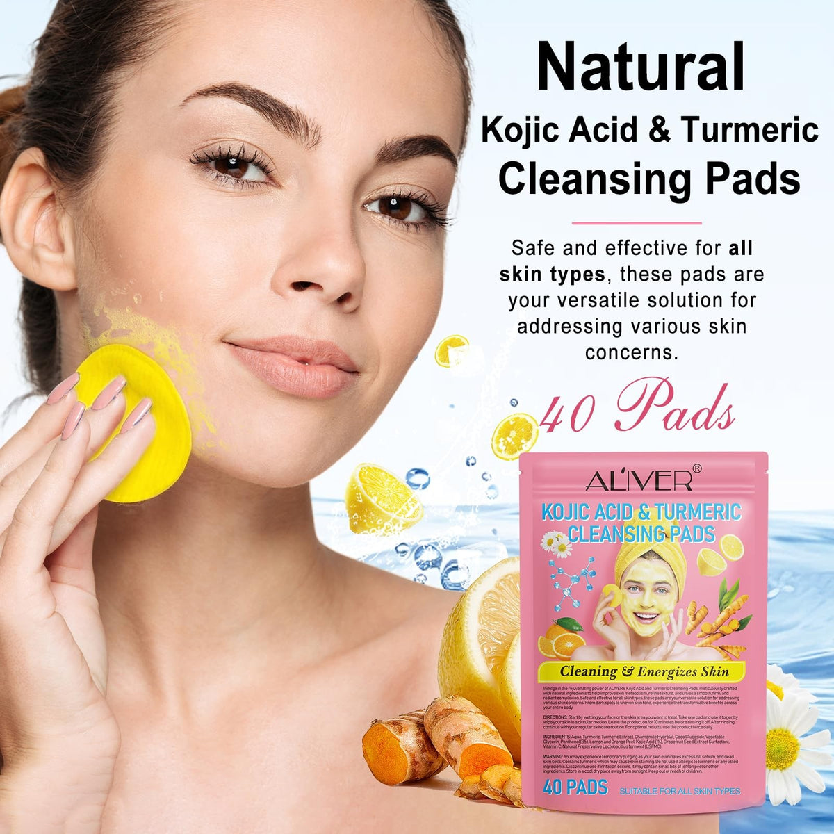 Kojic Acid Turmeric Facial Cleansing Pads - Deep Clean & Brighten Skin, 80 Pack