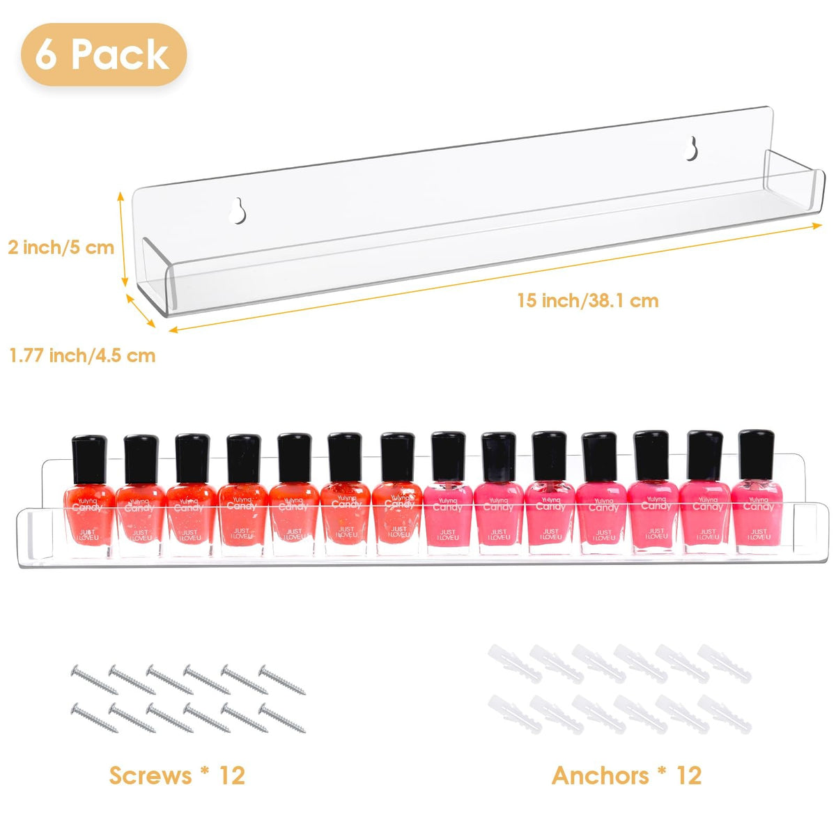 15 Inch Wall Mounted Nail Polish Organizer Rack with 6 Clear Shelves