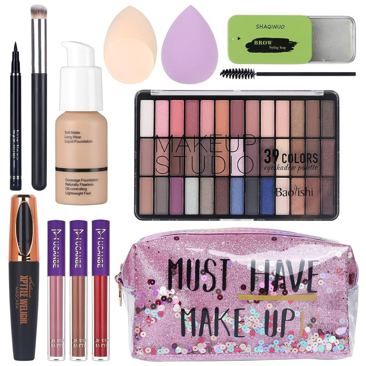 Makeup Set for Women 39-Color Nude & Smokey Eyeshadow Palette with Lipstick & Tools