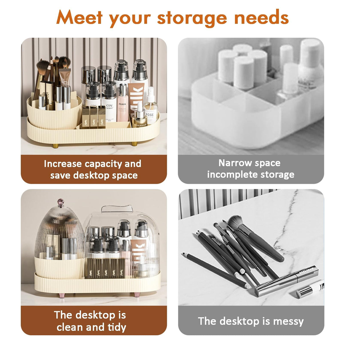 Rotating Makeup Organizer with Brush Holder - Vanity Storage with Dust Cover