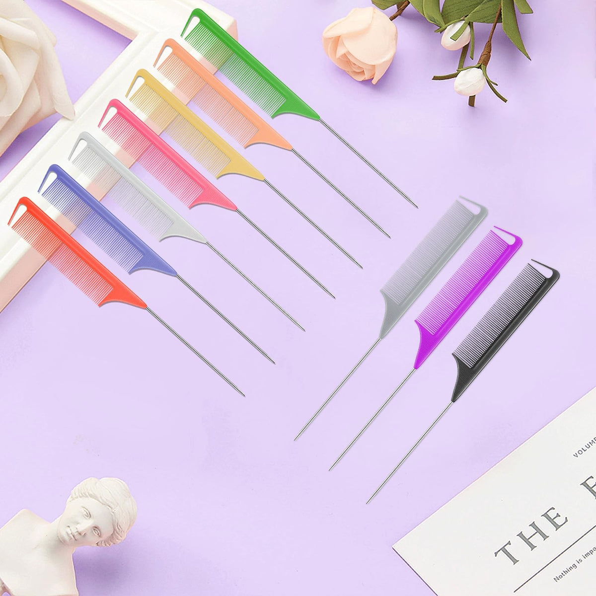 Rainbow Hair Teasing Comb Set - 10 PCS Fine Tooth Styling Tools