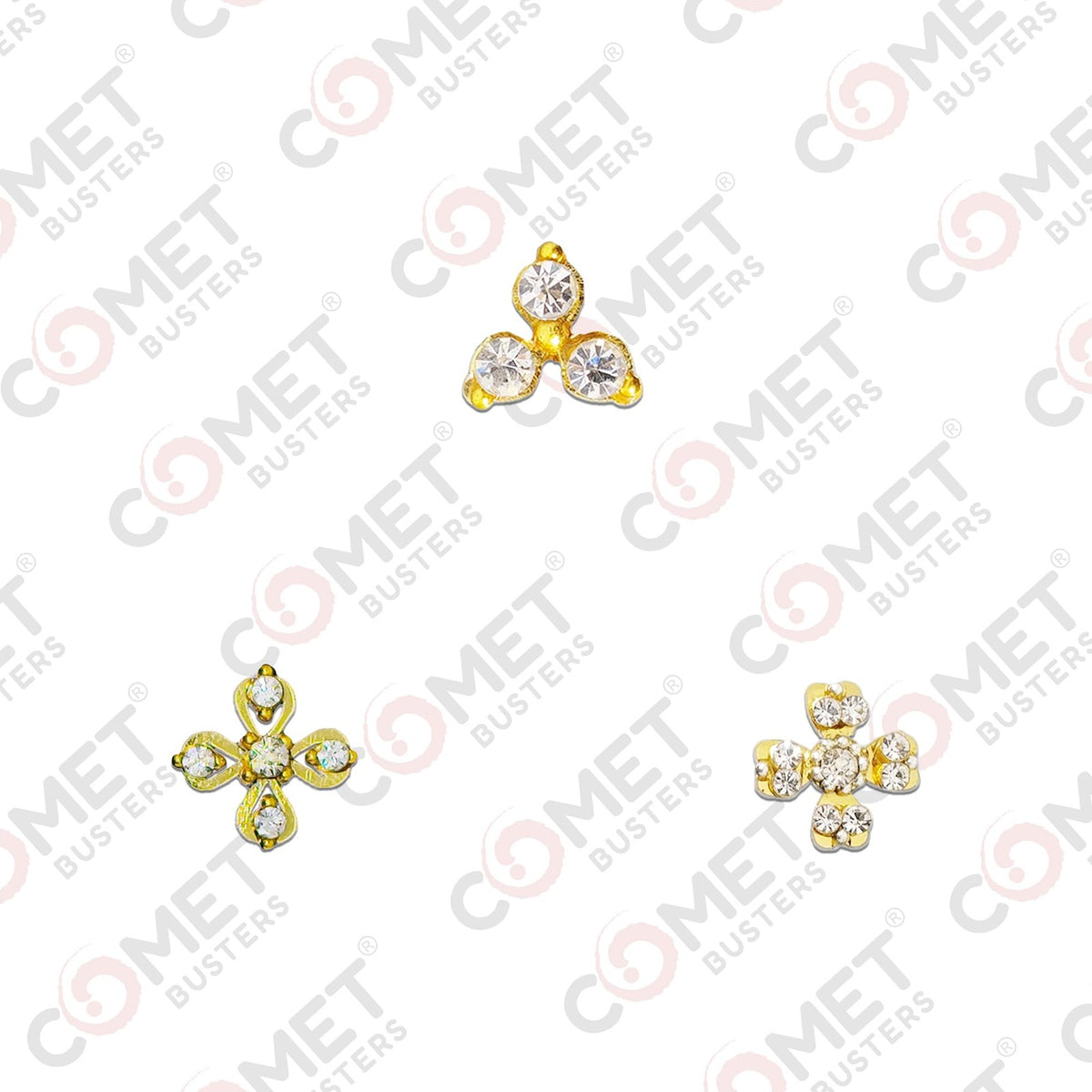 Reusable Golden Crystal Nose Bindis Trio - Non-Piercing Stick-On Nose Studs