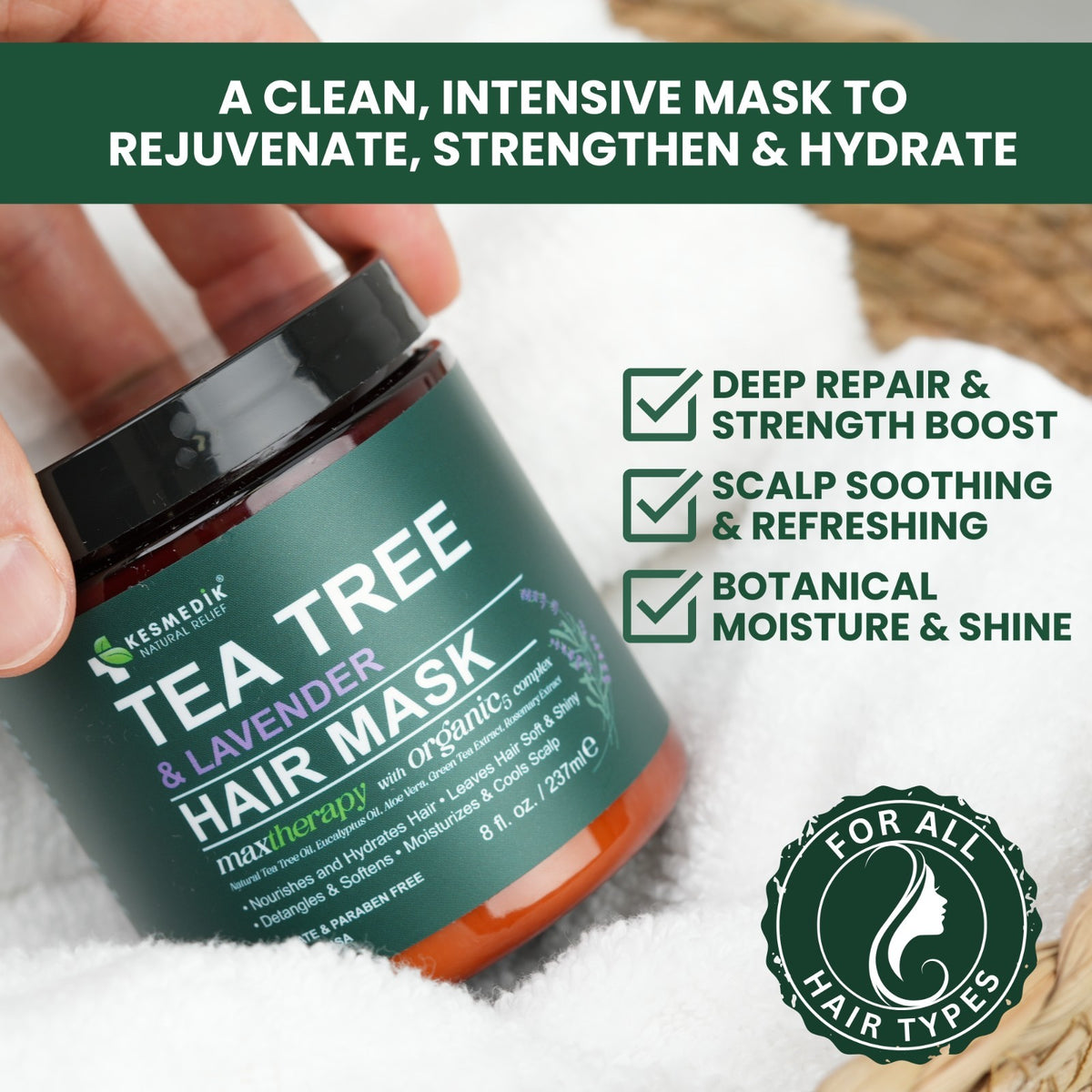 Tea Tree Oil Hair Mask for Dry Damaged Hair & Scalp Repair - Biotin & Argan Oil