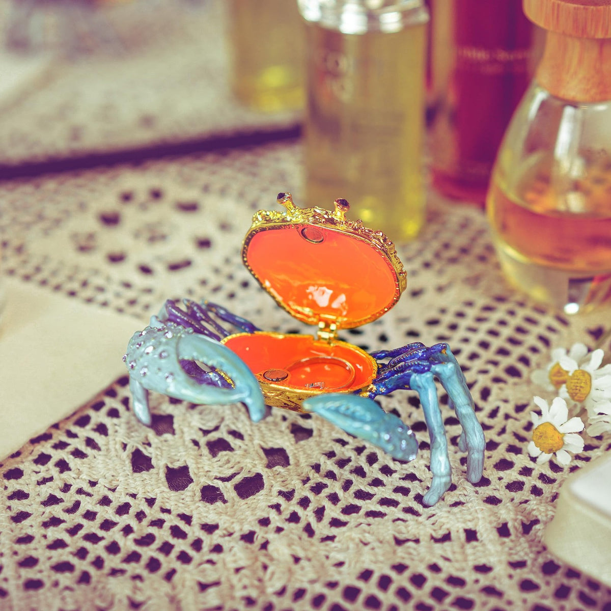 Crab Jewelry Trinket Box with Rhinestones, Decorative Animal Jewelry Storage
