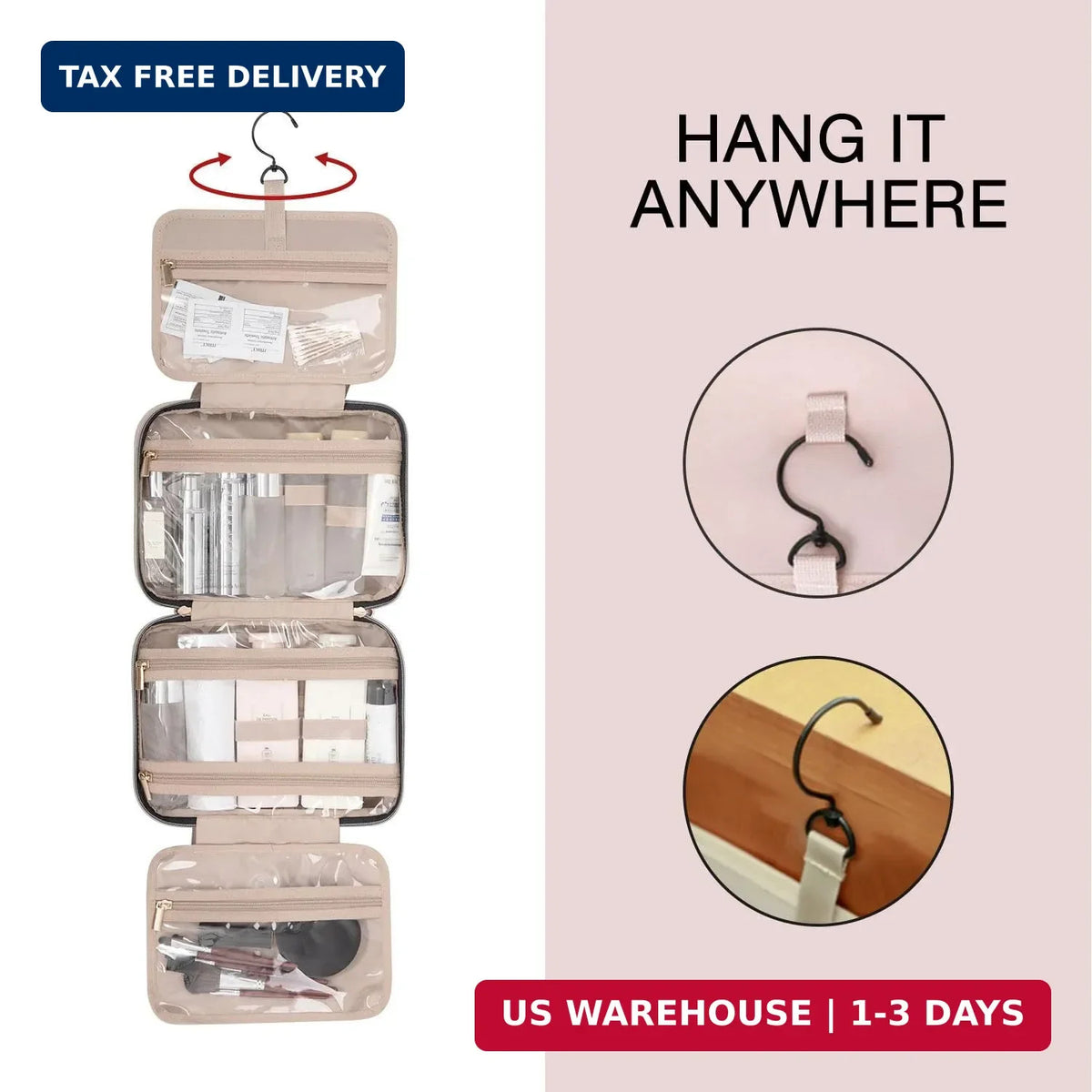 Large Water-Resistant Travel Toiletry Bag with Hanging Hook & Compartments