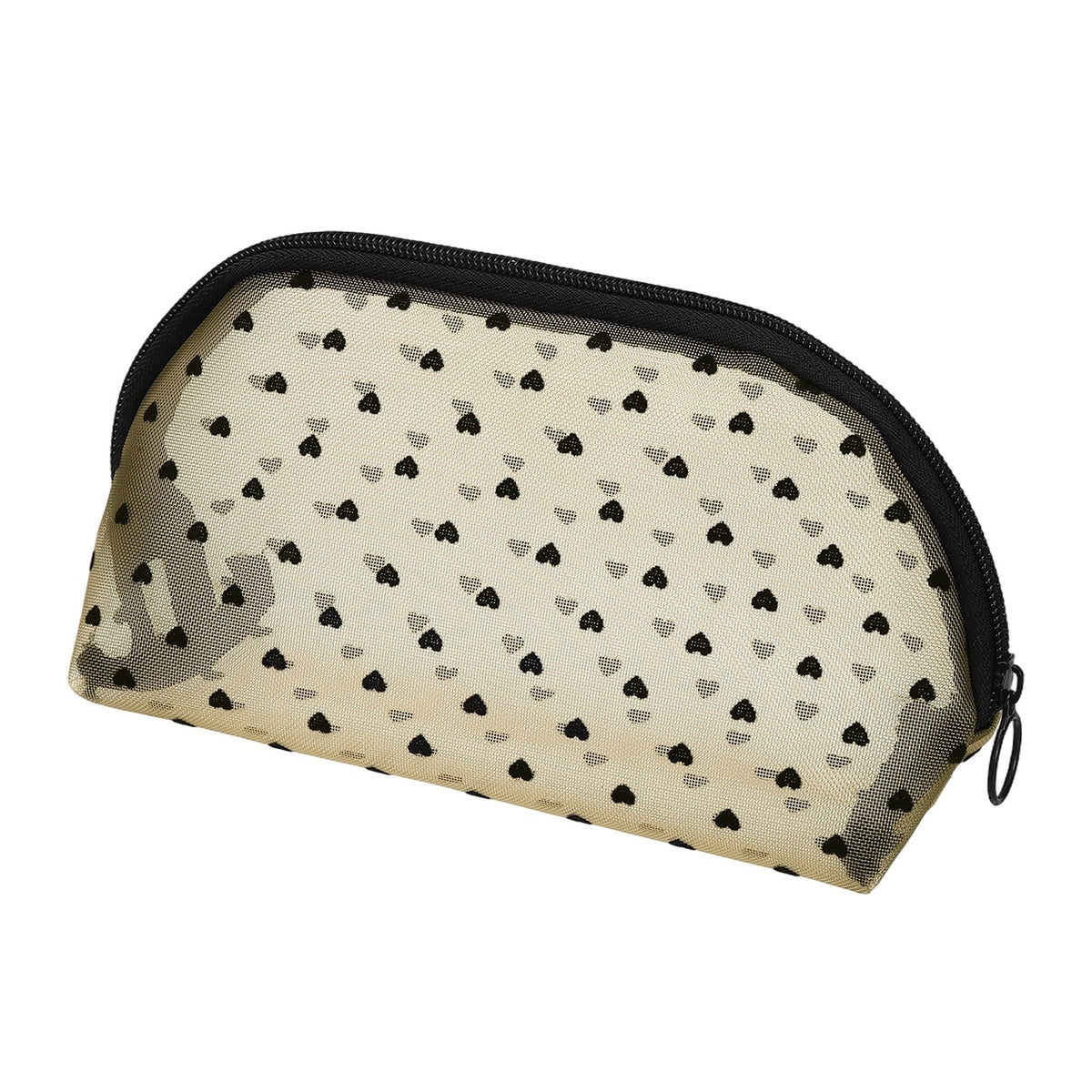 Cute Mesh Makeup Bag Half Round Heart Print Beige Travel Organizer