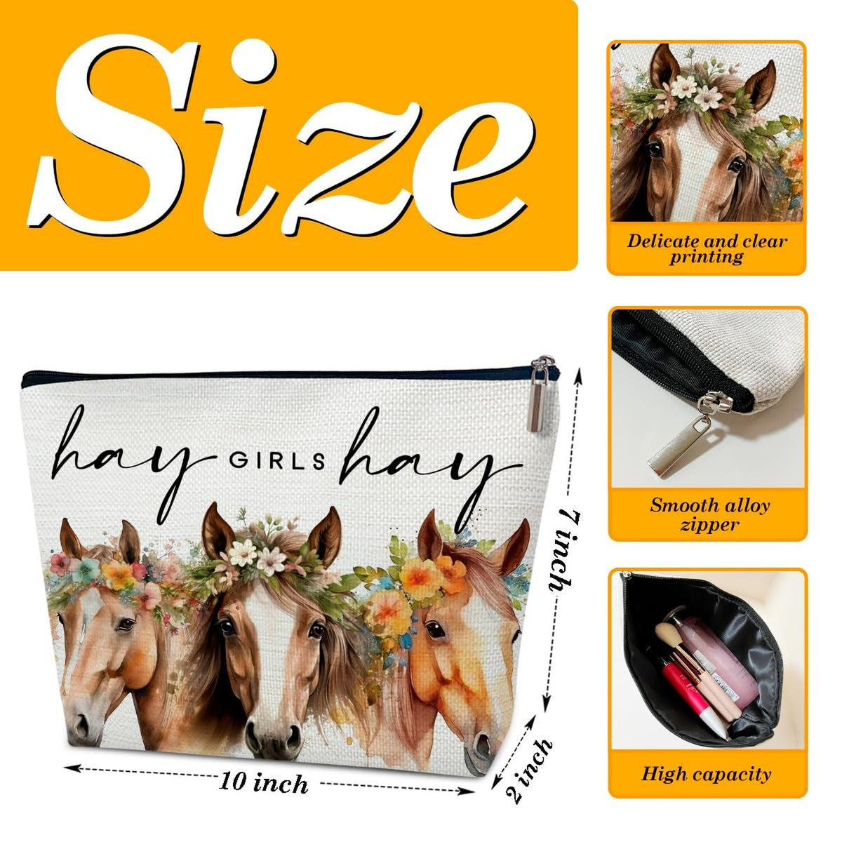 Horse-Themed Makeup Bag for Women - Floral Equestrian Cosmetic Organizer
