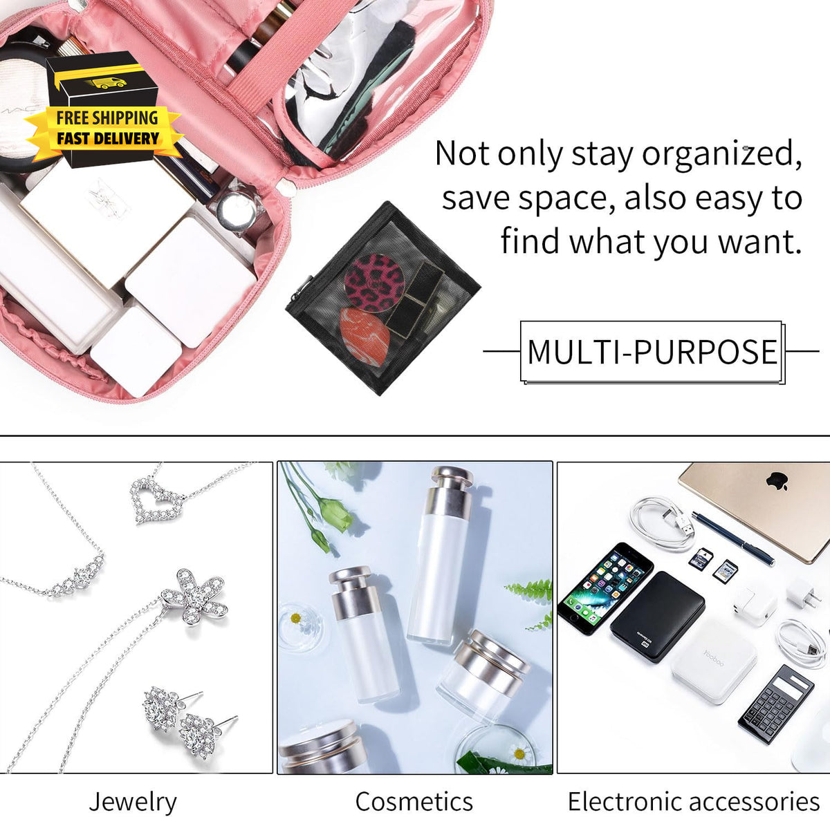 Large Travel Makeup Bag with Mesh Pouch and Organizer - Pink