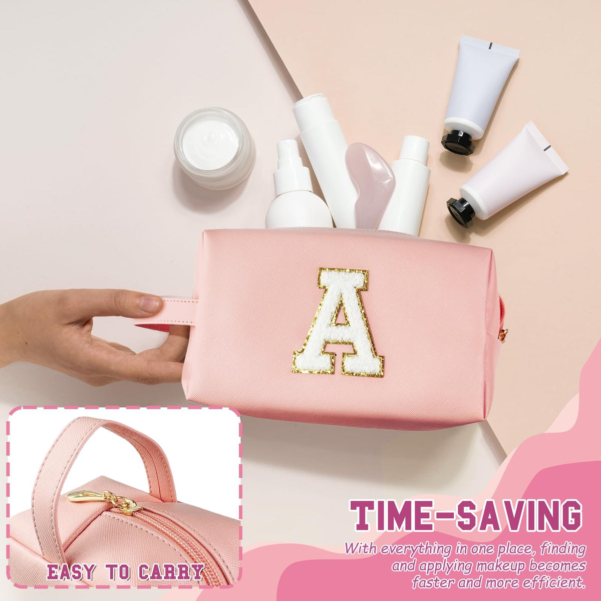 Personalized Initial Makeup Bag with Handle - Waterproof PU Leather Cosmetic Organizer