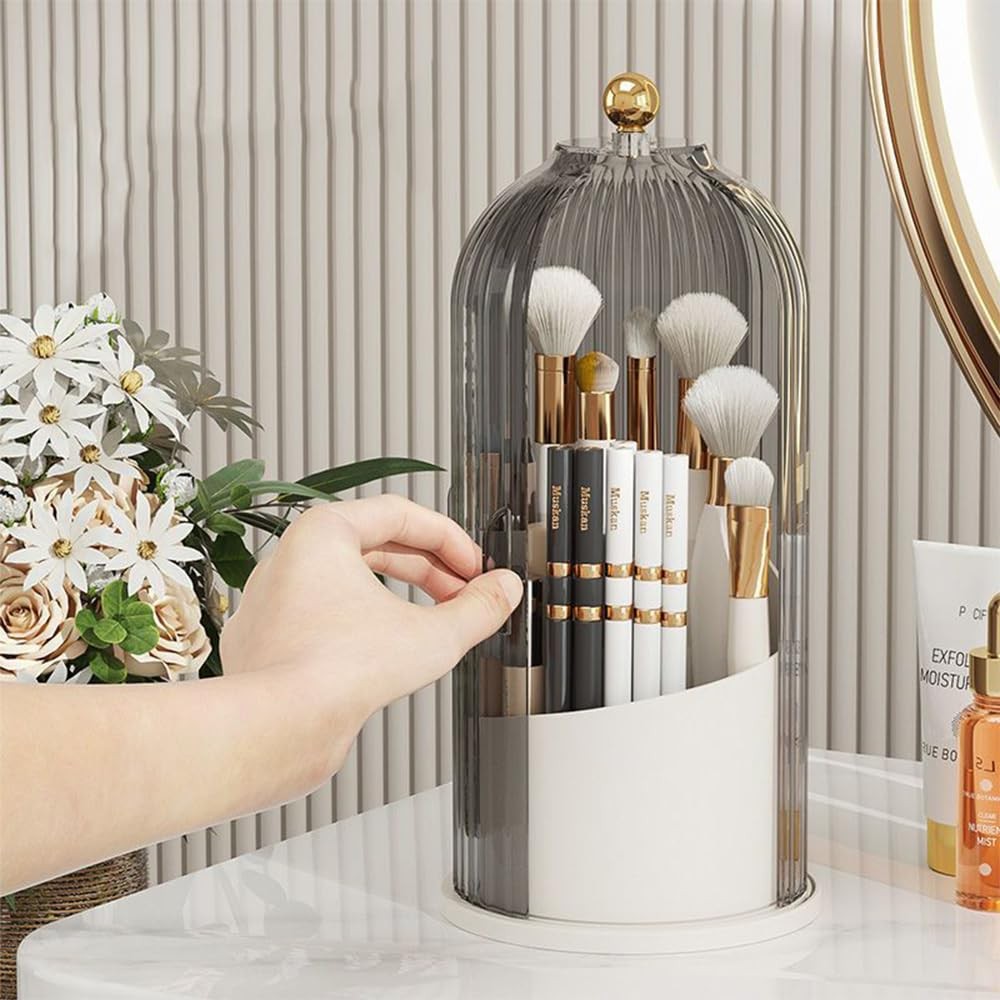 360° Rotating Makeup Brush Holder Organizer with Lid - Clear Black Cap