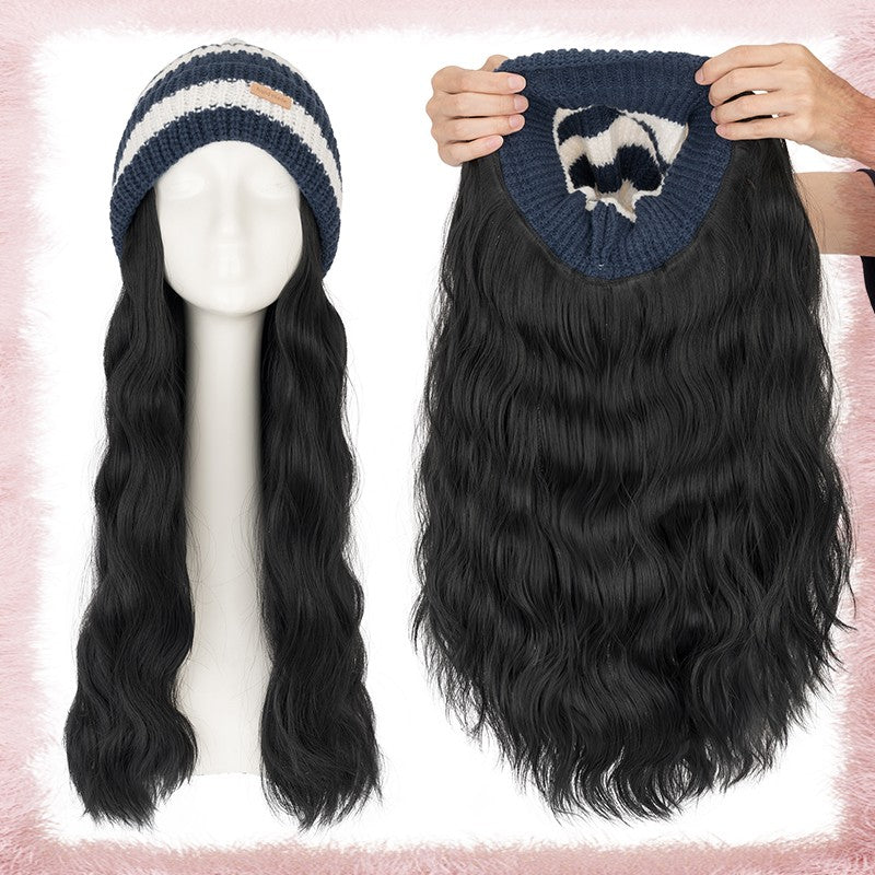 Women Knitted Wavy Wig Winter Beanie Hat - Long Curly Synthetic Hair