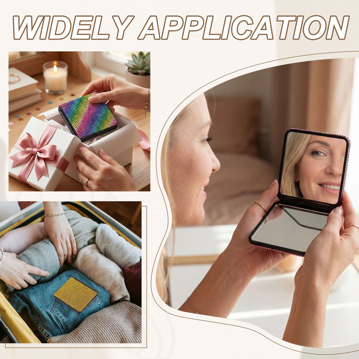 Rhinestone Double-Sided Compact Mirror - Foldable Pocket Makeup Mirror