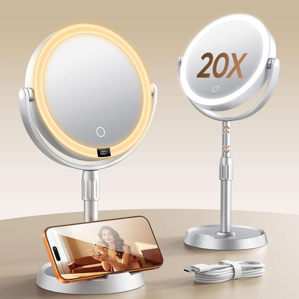 7 Inch Lighted Makeup Mirror with 20X Magnification, Adjustable Height & 3 Color Modes