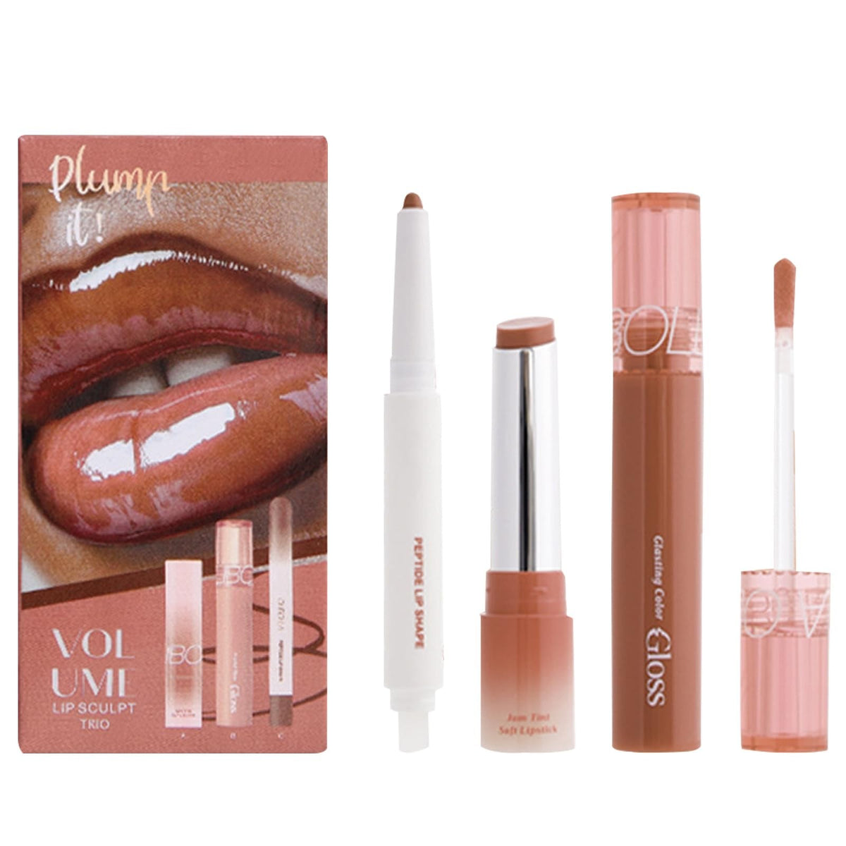 Lip Makeup Set with Lip Liner, Lip Gloss & Nourishing Lip Balm - Brown Tones