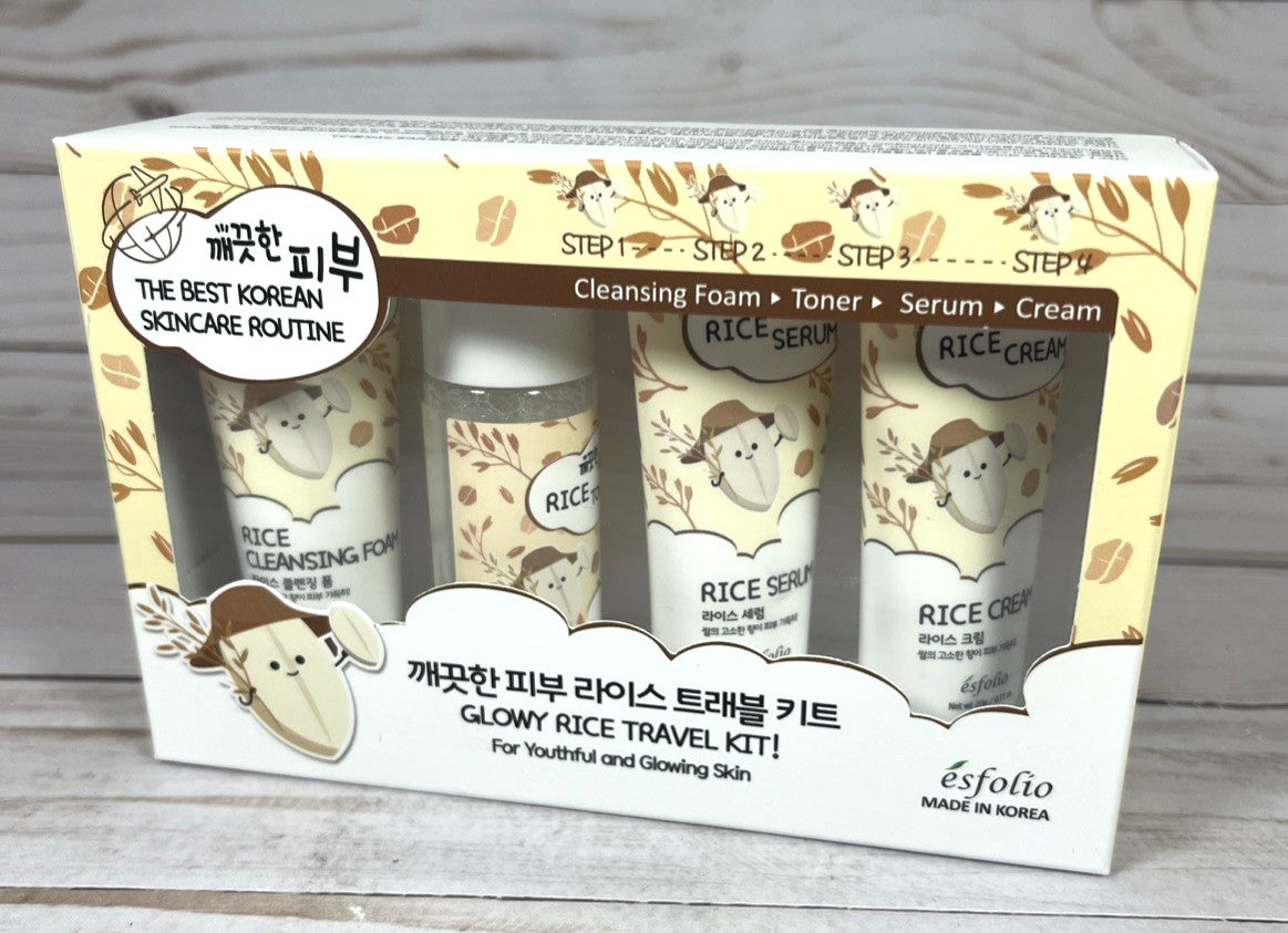 Esfolio Glowy Rice Travel Skincare Kit Cleansing Foam Toner Serum Cream Set