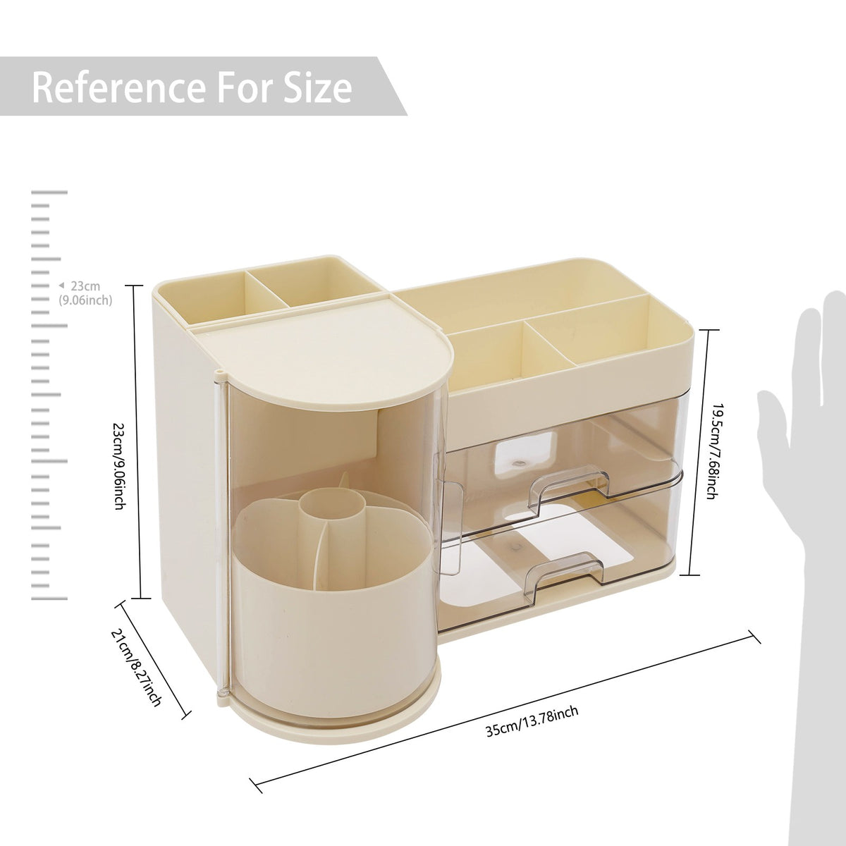 Rotating Makeup Brush Holder with Drawers - Milky White Vanity Organizer
