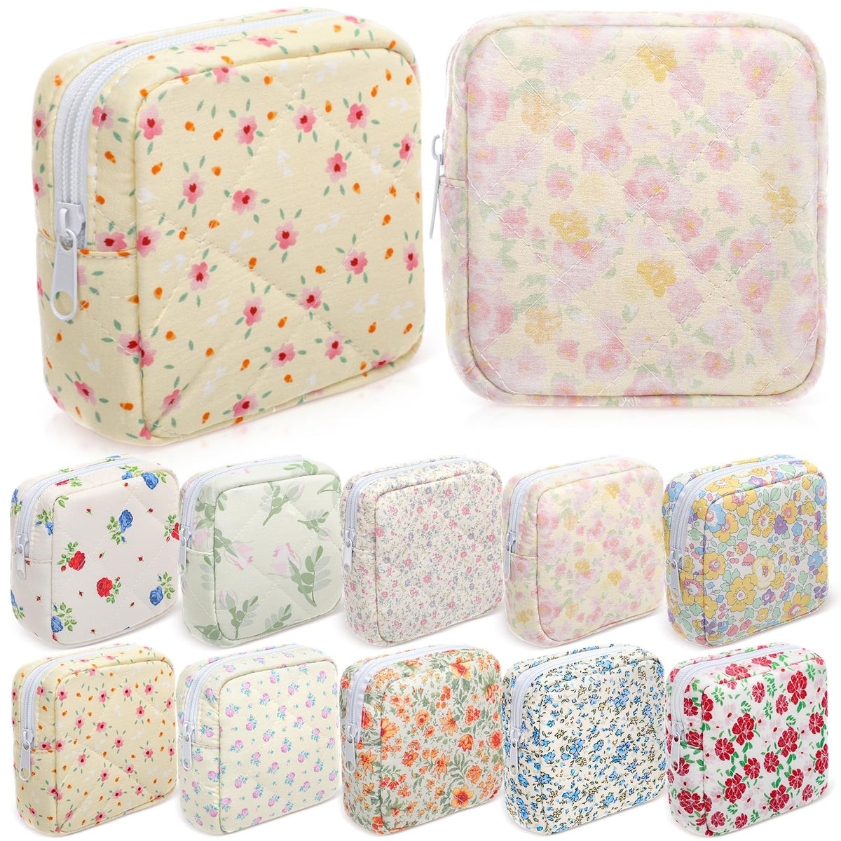 10 Pcs Floral Quilted Cotton Makeup Bags Set - Travel Cosmetic Organizer