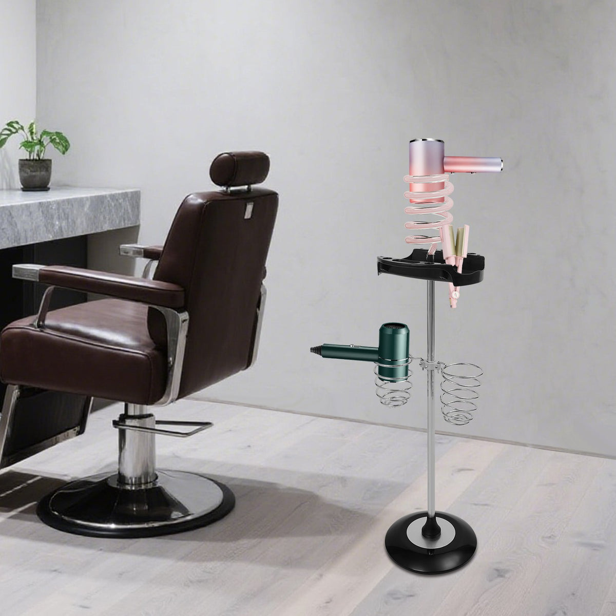 Hair Dryer Stand with Tray and Spiral Holder - Durable Acrylic and Metal Organizer