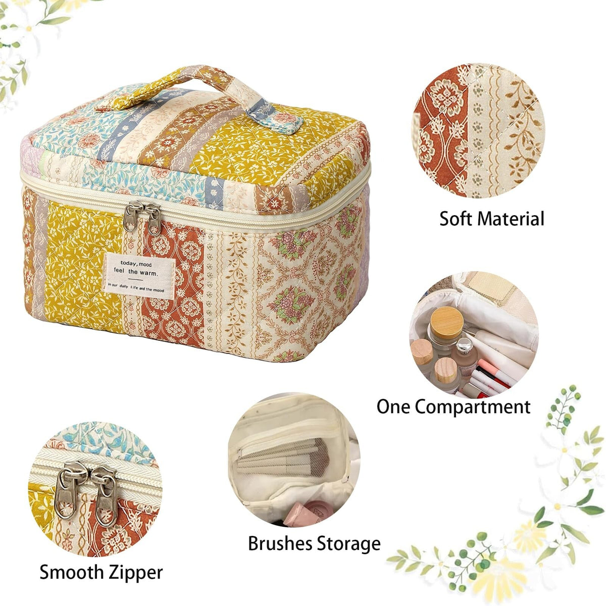 Large Floral Cotton Quilted Makeup Bag - Travel Cosmetic Organizer