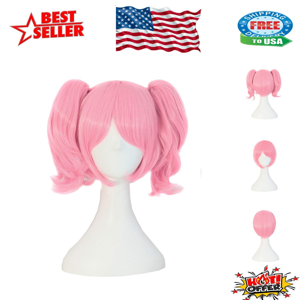 Pink Cosplay Wig 35cm Heat Resistant & Adjustable Fit for Halloween & Costume